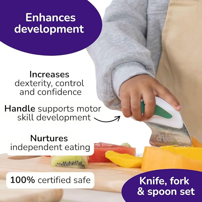 doddl Toddler Utensils, Ergonomic Fork Spoon and Knife Set for Self Feeding, Stainless Steel Silverware for 1-3 Year Olds, BPA Free, Dishwasher Safe (Aqua + Travel Case)