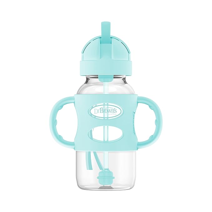 Dr. Brown's Milestones Wide-Neck Sippy Straw Bottle with 100% Silicone Handles and Weighted Straw, 9 oz/270 mL, Gray & Green, 6m+ (Pack of 6)