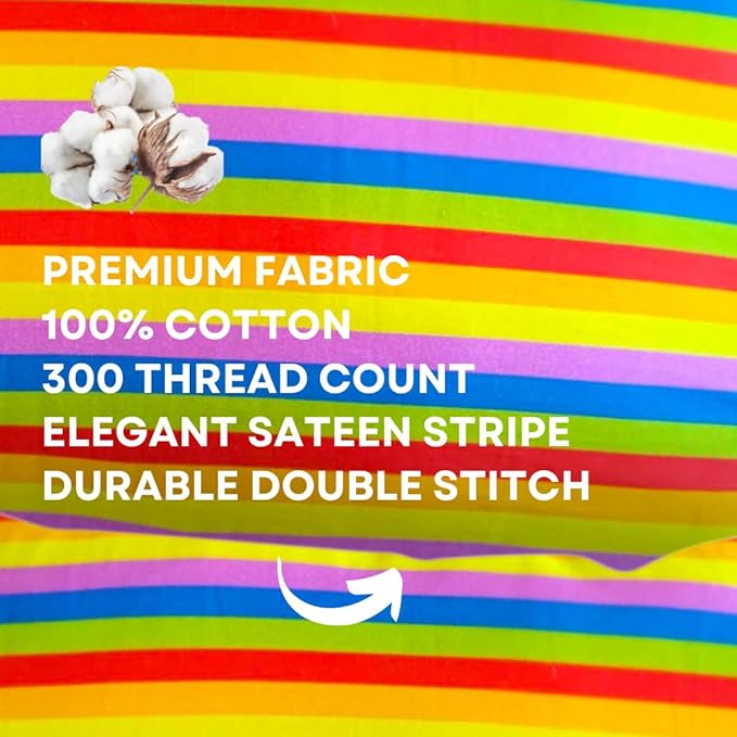kinder Fluff Pre-Teen Pillow (2Pack) 17x26in - Pillows for Kids Age 12+, 100% Cotton Sateen Stripes 300T, Down Alternative Fill, Machine Washable - Children, Decor & Travel Cushion - Rainbow - XL