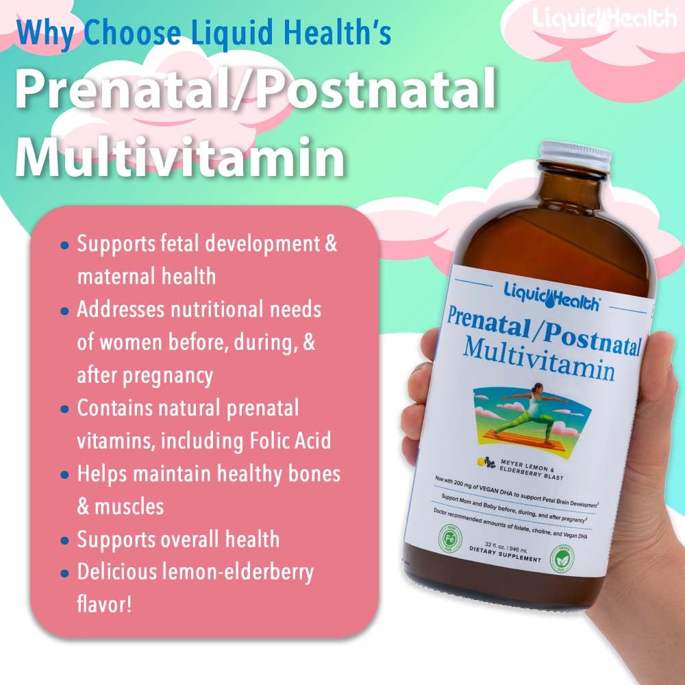 LIQUIDHEALTH Prenatal/Postnatal Multiple Liquid Women's Multivitamin with Real Folate - Pre & Postnatal Vitamins for Before, During, After Pregnancy - Made in USA, Vegan, Sugar-Free, Non-GMO (2 Pack)