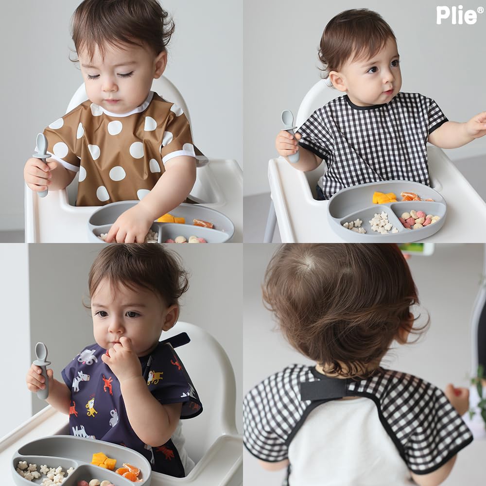 Plie Short Sleeve Waterproof Bib for Toddlers – Easy Clean Feeding Apron for Mealtime, Daycare, Self-Feeding & Messy Play, Lightweight BPA-Free Baby Bib (6–24 Months) - Pink Heart