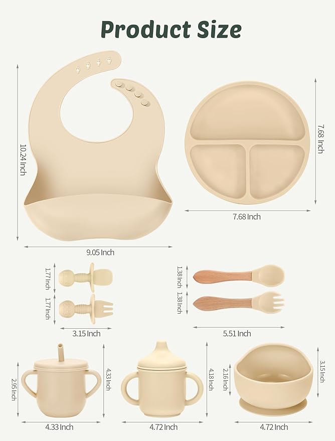Silicone Baby Feeding Set 9 Pcs, Spill-Proof Suction Plate, Bowl, Bib, Silicone spoon&forks, Wooden Spoons&forks, Training cup with straw and Sippy Cup, Baby Eating Utensils (Green)