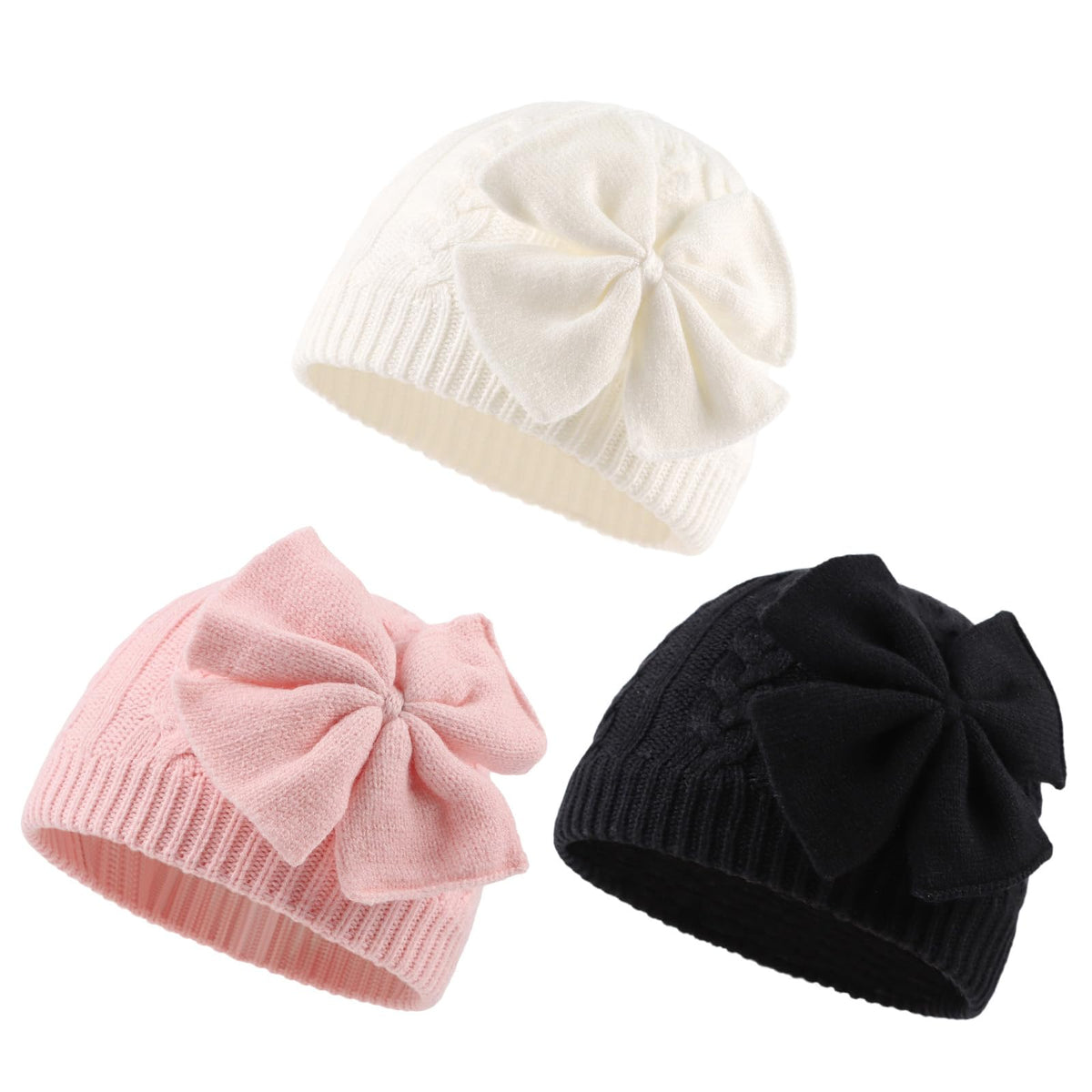 JANGANNSA Winter Warm Knitted Baby Hat for Girls Cotton Lined Infant Toddler Hat Autumn Cute Bow Classic Girls Beanie 0-6Y (Black+Gray+Caramel,S)