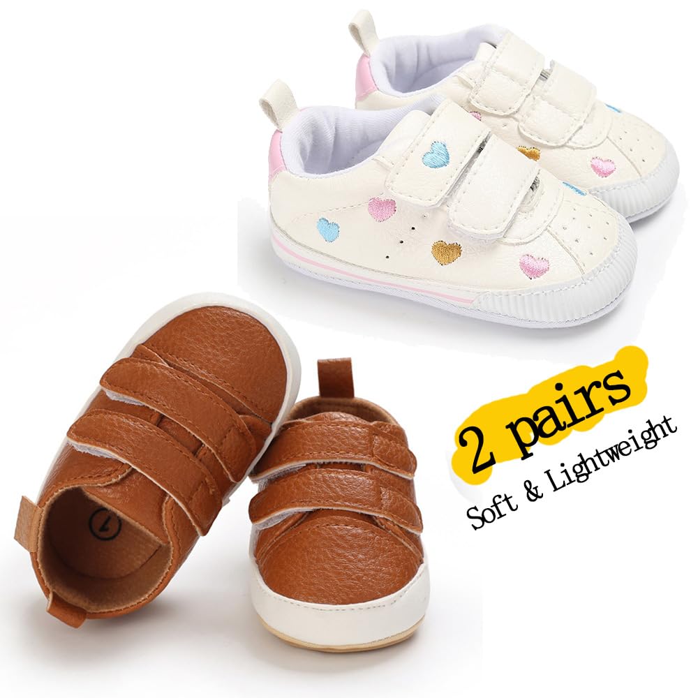 eitwo 2Pairs Baby Shoes,Boys Girls Non-Slip Rubber Sole Sneakers,Unisex Infant Soft Lightweight First Walking Crib Shoes (2Pairs_Heart+Brown,3-6 Months)