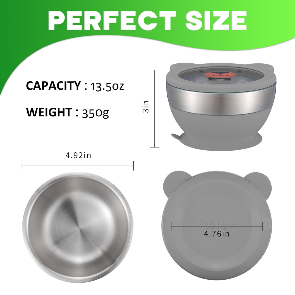 Mrs. Chou Suction Bowl and Spoon Set for Babies and Toddlers Non-Slip Silicone Suction Cups, Advanced 304 Stainless Steel Bowls, Double-Layer Insulation, and BPA-Free Lids Food-Grade Safety