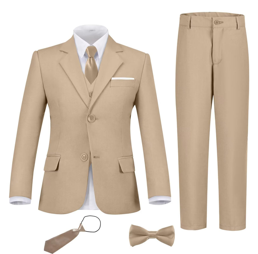 Fxzpiodi Suit for Boys Slim Fit Wedding Outfit Suit Size 2-20 Kids 6 Piece Tuxedo Solid Formal Dresswear of Jacket Vest Pants Shirt and Tie Khaki 14
