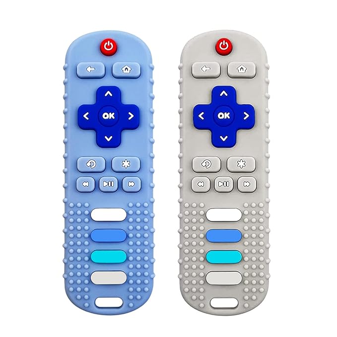 Baby Teething Toys, Food Grade Silicone Teether for Babies 3 6 12 18 Months, TV Remote Shape Toddlers Chew Toys, Freezer BPA Free (Blue+Beige)