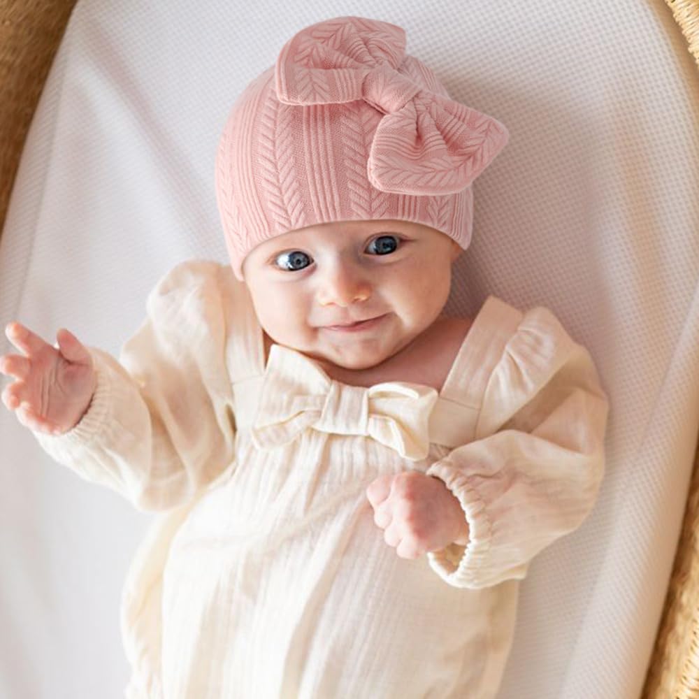 BQUBO Newborn Baby Hats Mittens Set Hospital Hat Beanie Infant Bow Hats Baby Gloves No Scratch Mittens for 0-6 Months