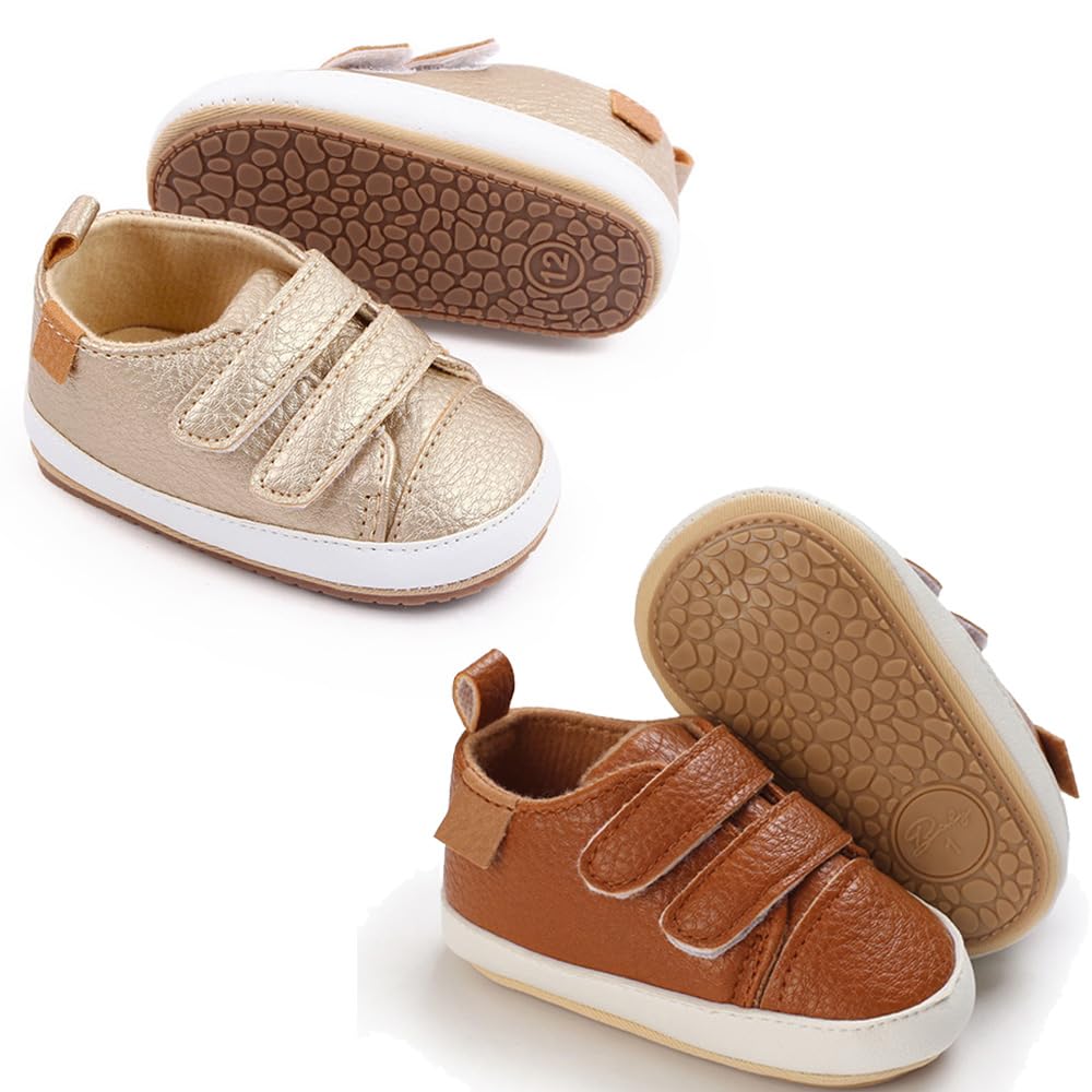 eitwo 2Pairs Baby Shoes,Boys Girls Non-Slip Rubber Sole Sneakers,Unisex Infant Soft Lightweight First Walking Crib Shoes (2Pairs_Brown+Gold,3-6 Months)