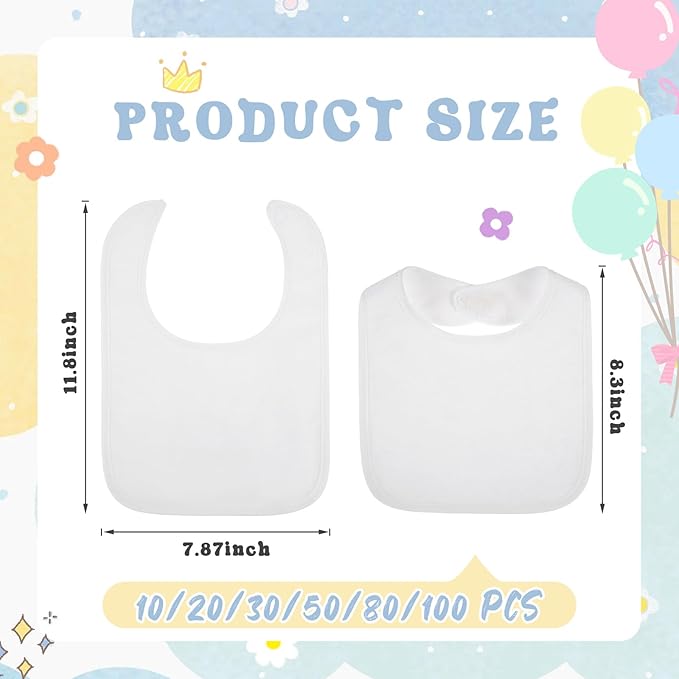 Toulite 50 Pcs White Bibs for Baby Washable Reusable Waterproof Cotton Feeder Bibs with Double Sided Design for Baby Shower Activity and Gifts