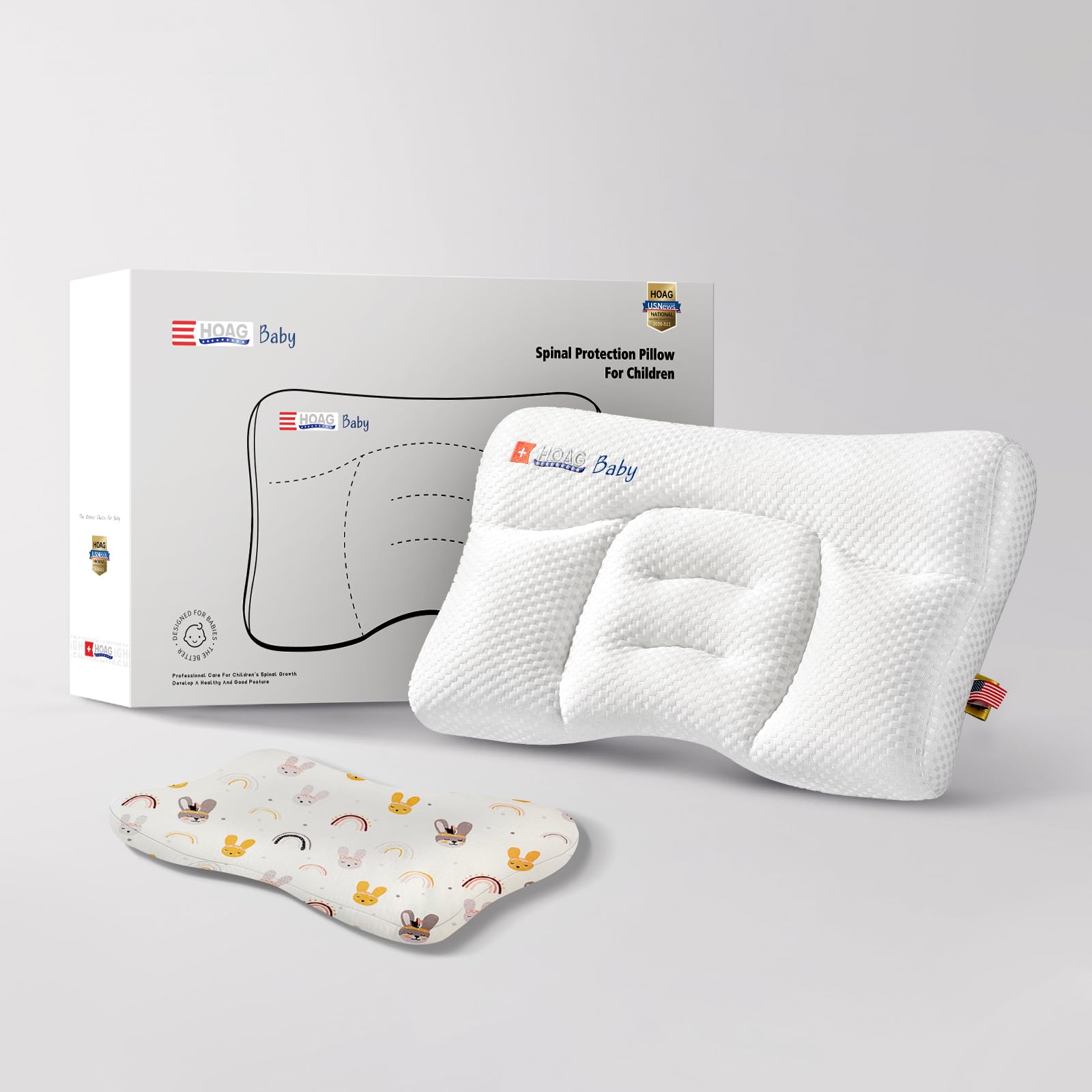 HOAGBaby Toddler Pillow with Pillowcase, Breathable & Cozy Machine Washable Kids Pillow with Pillowcase, 21.6x13.8 Ergonomic Children Pillow for Boys and Girls Aged 6-12 (Rabbit, Height 3)