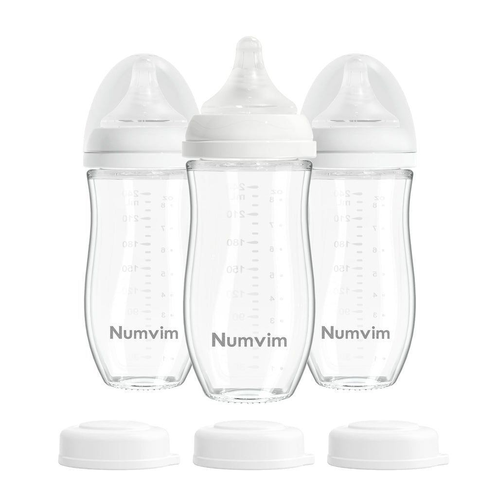 Numvim Natural Glass Baby Bottles with Gentle & Slow Flow Nipples, Newborn Breastfeeding Bottle, Anti-Colic, Includes M Nipples(3 Month+),3 Packs (White 8 Oz)
