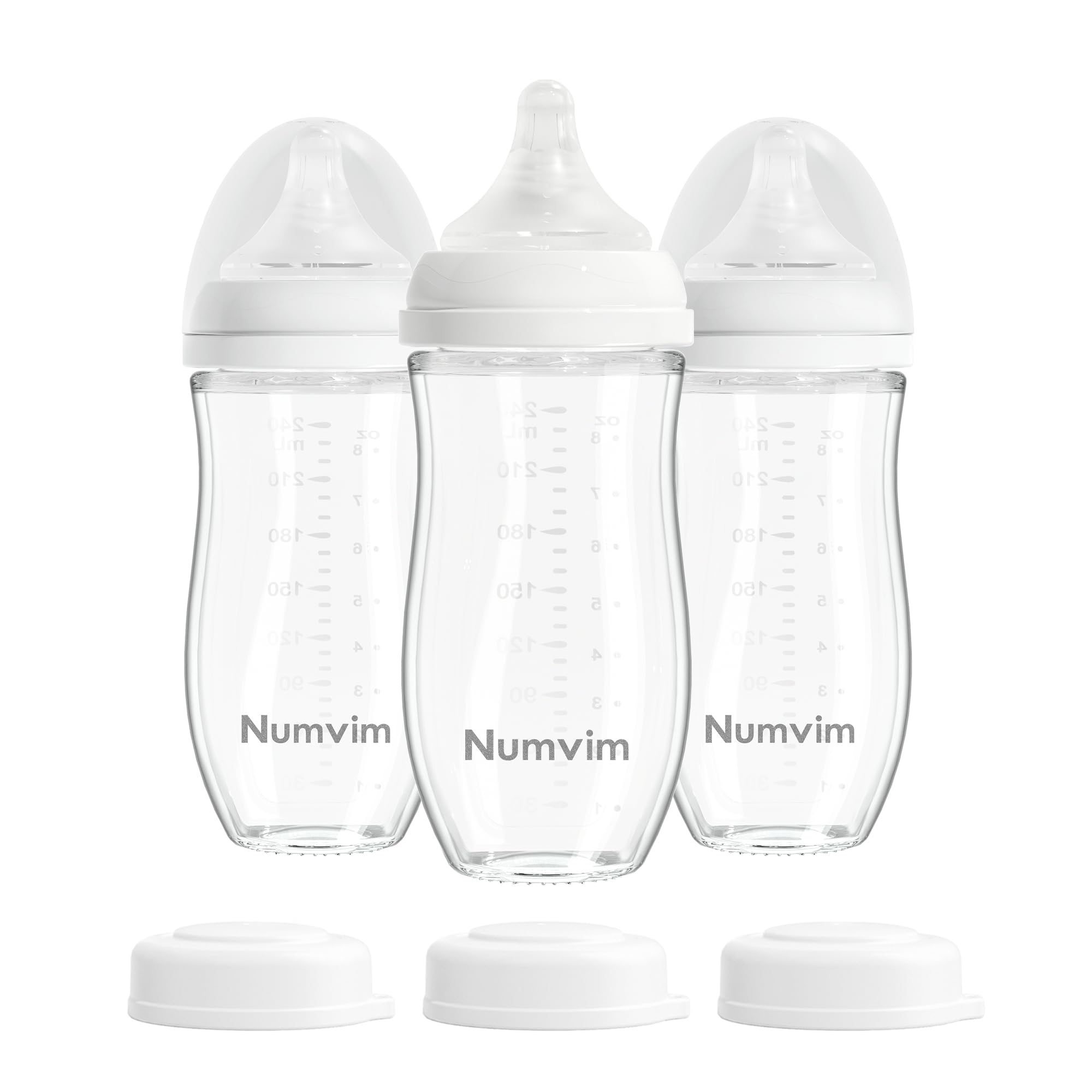 Numvim Natural Glass Baby Bottles with Gentle & Slow Flow Nipples, Newborn Breastfeeding Bottle, Anti-Colic, Includes M Nipples(3 Month+),3 Packs (White 8 Oz)
