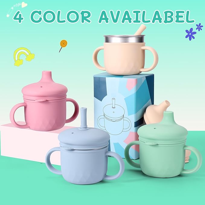 BUSOHA Stainless Steel Sippy Cups for 6+ Month Old - 3 IN 1 Silicone Sippy Cup Toddlers Baby Straw Cup with Brush,Lid and Silicon Straw Kids Anti-Drop Spill Proof Cups for Travel,8 oz,Green