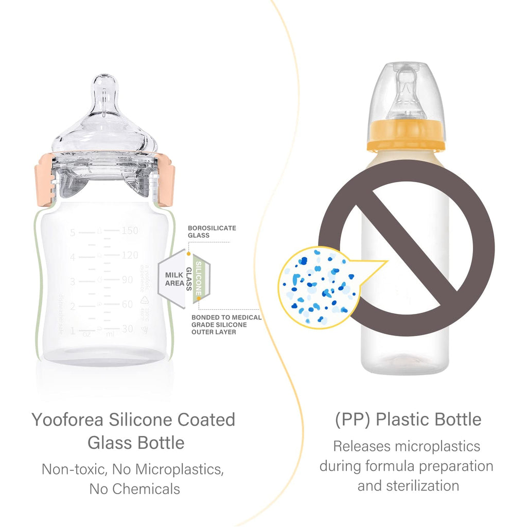 Yooforea Silicone Coated Glass Baby Bottle, 0M+ Slow Flow Nipple I Anti-Colic, Wide Neck, Stable Base I Medical-Grade Silicone Coating for Shatter Protection, BPA BPS PVC Free (2 Pack, 3 Ounce-Honey)