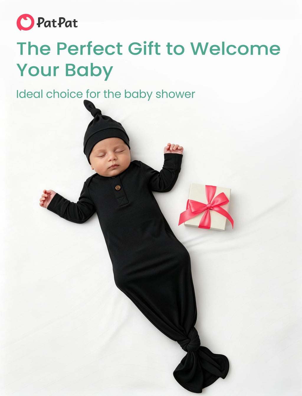 PATPAT Baby Sleeper Gown with Bamboo Viscose for Newborn Girls Boys, Knotted Nightgown with Mittens for Infant Home Coming, Onyx-Hat, 3-6M