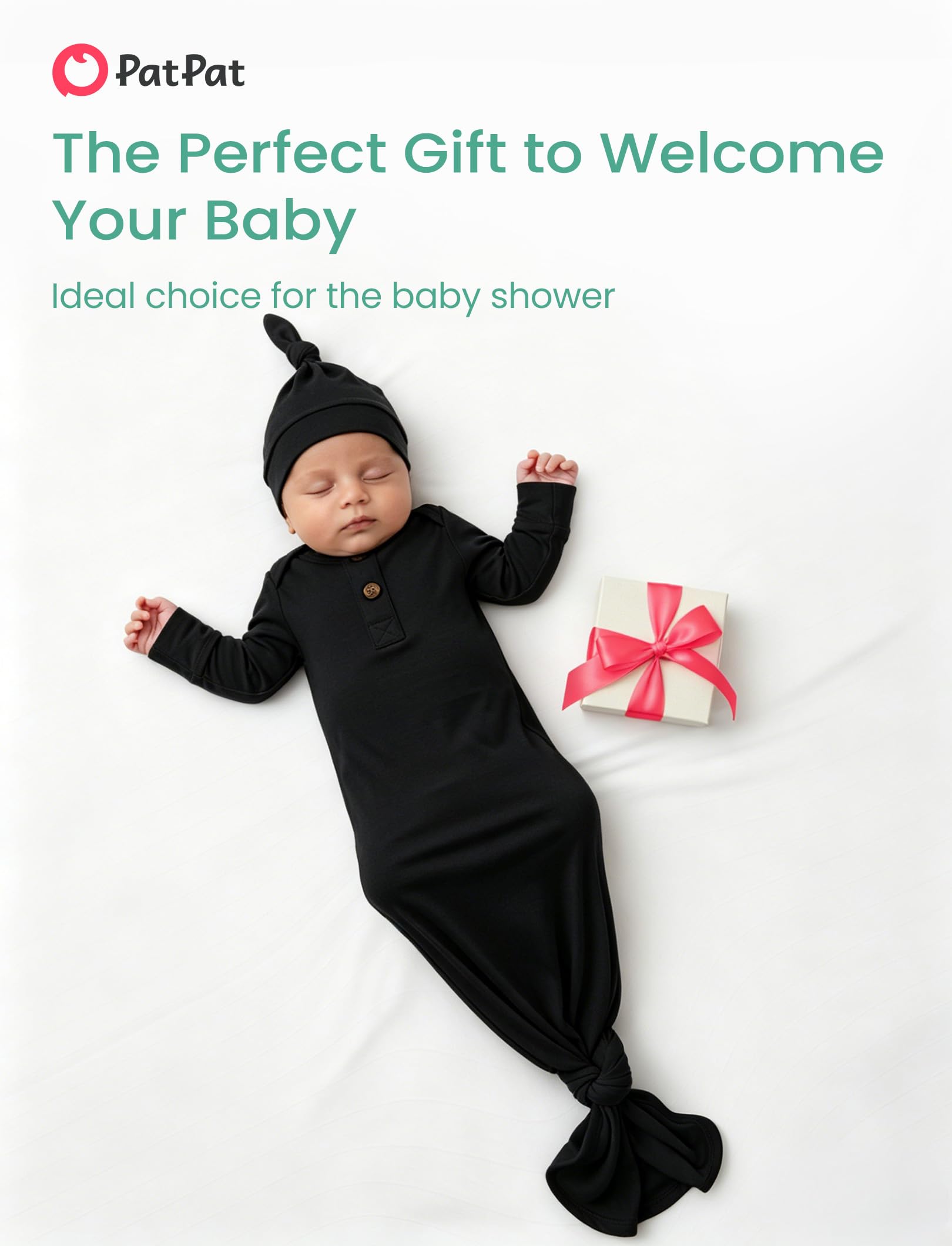 PATPAT Baby Sleeper Gown with Bamboo Viscose for Newborn Girls Boys, Knotted Nightgown with Mittens for Infant Home Coming, Onyx-Hat, 3-6M