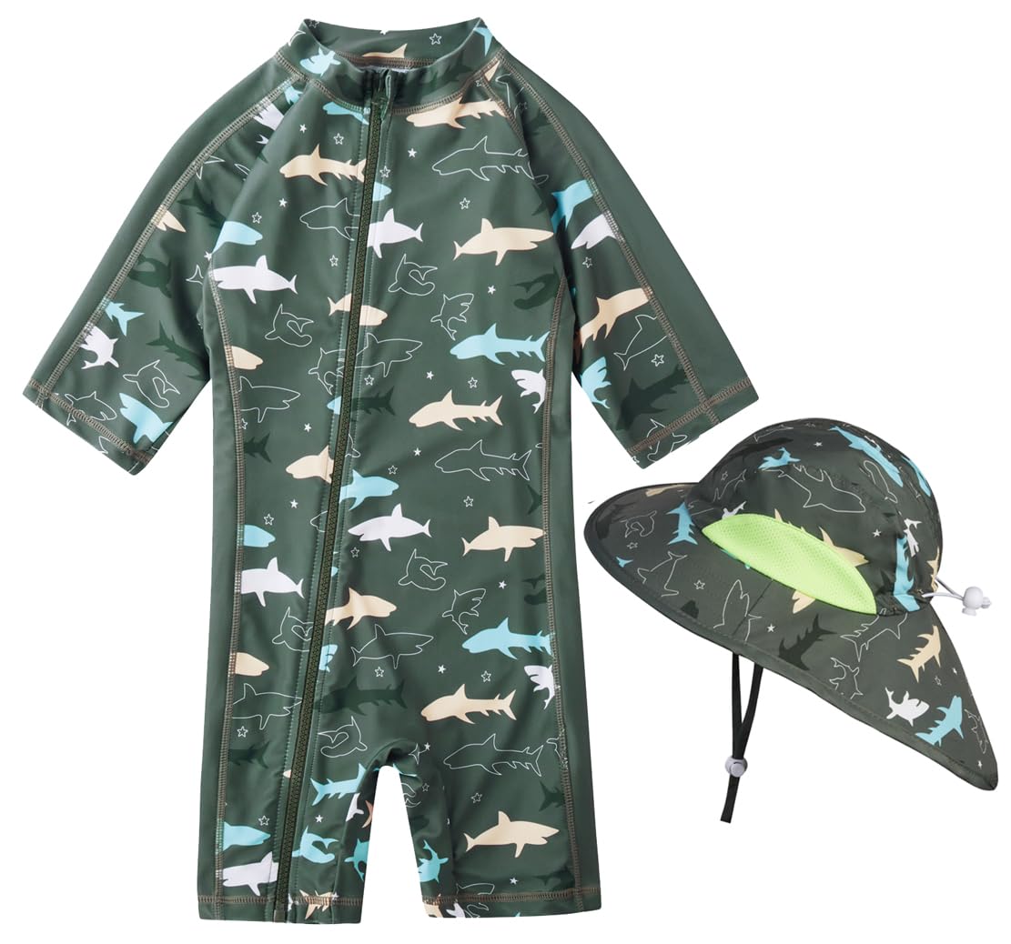 Toddler Baby Boys Swimsuit Rashguard One Piece Zipper Bathing Suit with Sun Hat Infant Swimwear Sunsuit UPF 50+（Green Shark，3-6 Months）