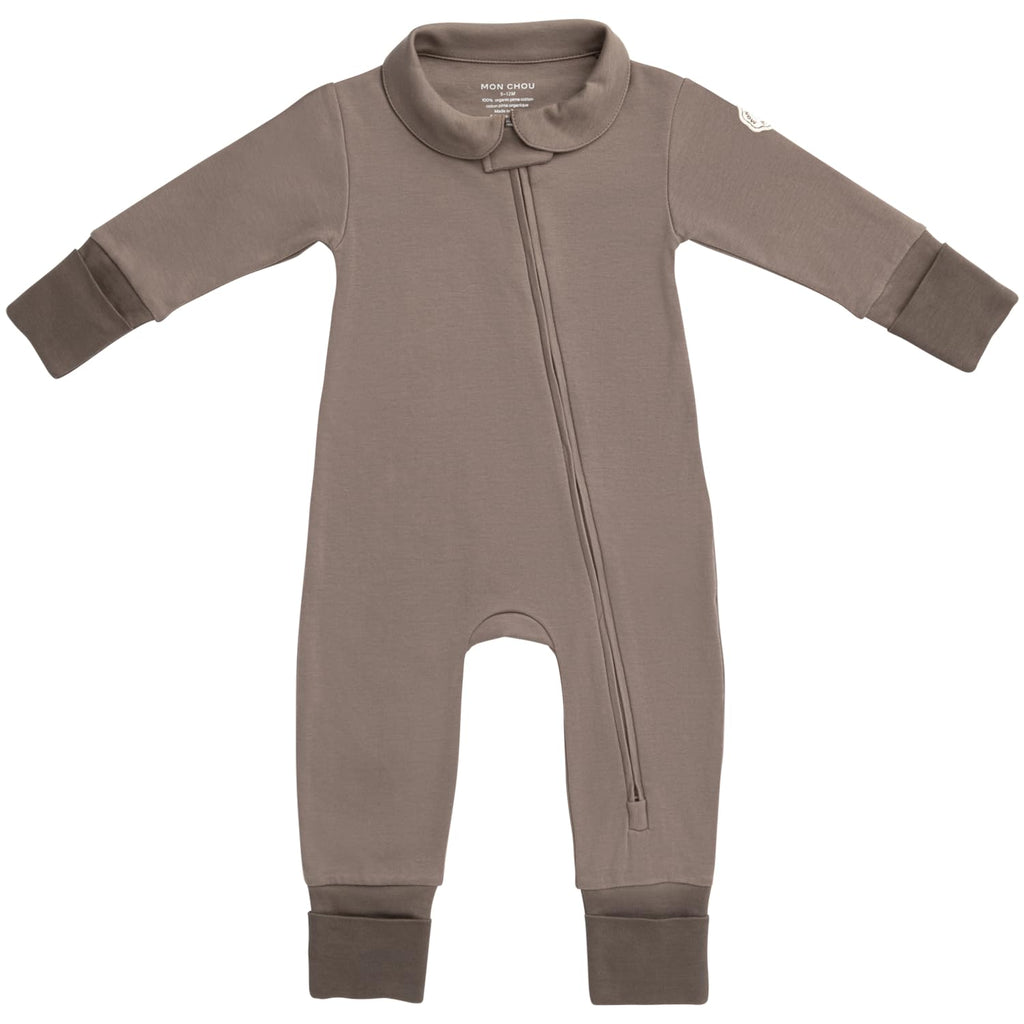 MON CHOU 100% Organic Pima Cotton Baby Pajamas – Snug Fit Long Sleeve Fold-Over Mittens & Convertible Footie with 2-Way Zipper for Boys & Girls, Sizes 0–18M (Cocoa, 6-9 Months)
