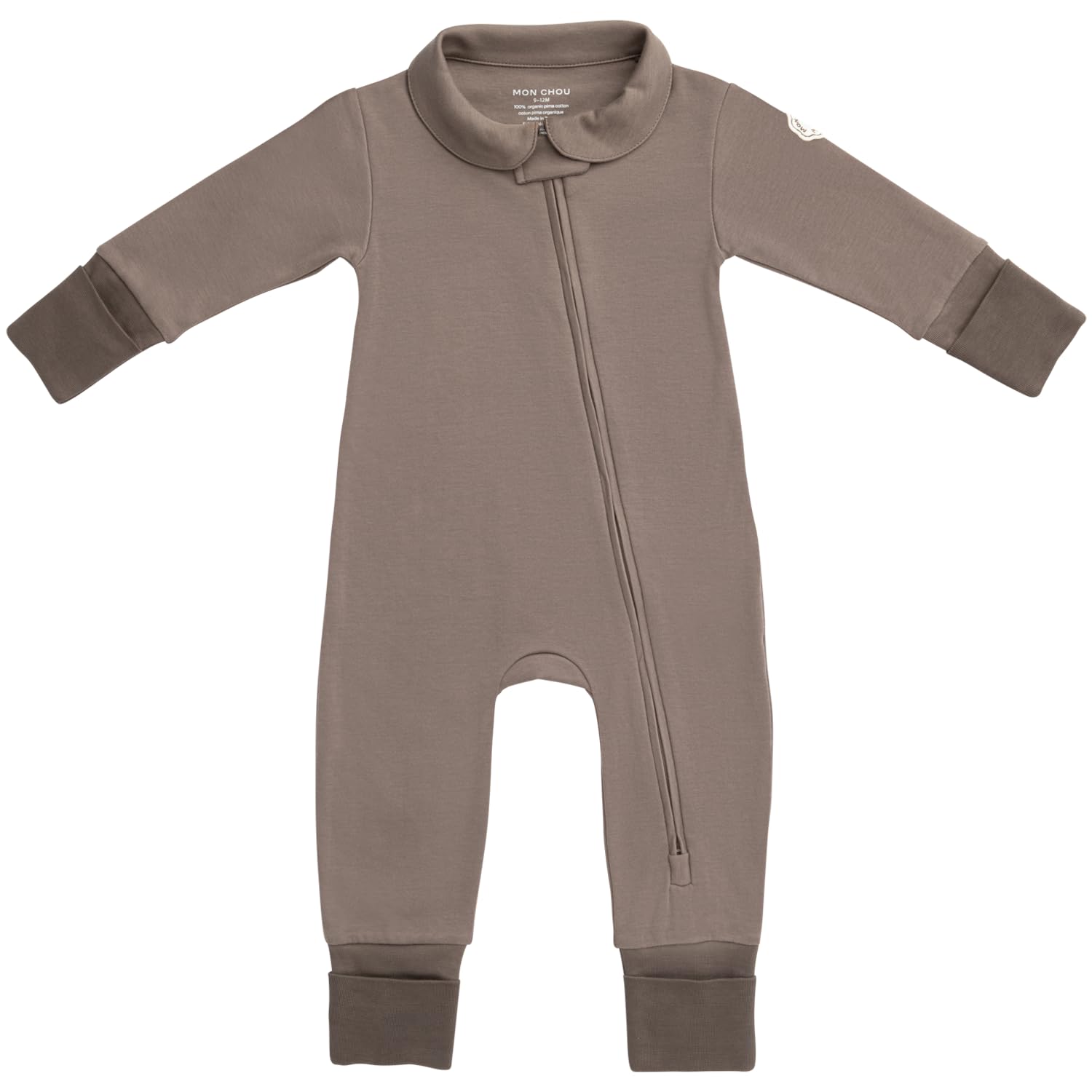 MON CHOU 100% Organic Pima Cotton Baby Pajamas – Snug Fit Long Sleeve Fold-Over Mittens & Convertible Footie with 2-Way Zipper for Boys & Girls, Sizes 0–18M (Cocoa, 6-9 Months)