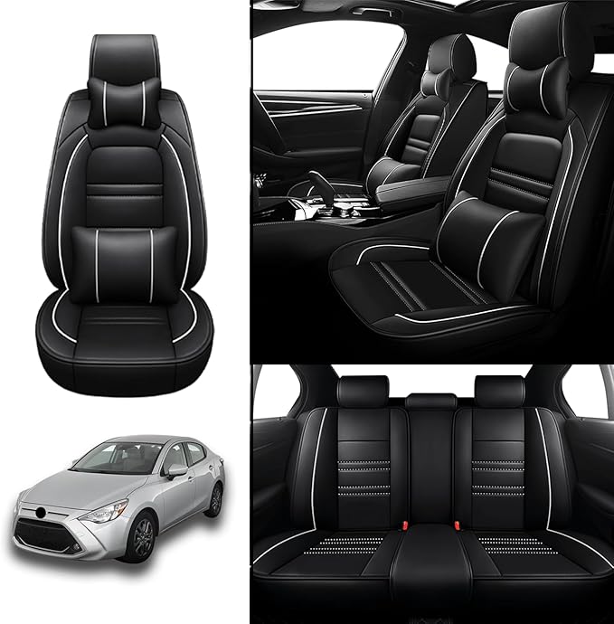 Car Seat Covers for Toyota Yaris 2007-2020 | 5-Seats Seat Covers, Waterproof Seat Protectors, Automotive Seat Covers (Full Set with Pillow,Black&White Line)