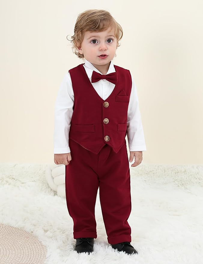 A&J DESIGN Baby Boy Suits Clothes Infant Toddler Formal Gentleman Outfits, Dress Shirt + Vest + Bow Tie + Pants Wedding Set