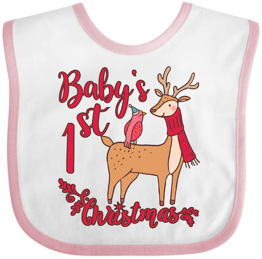 inktastic Baby's First Christmas Baby Bib White and Pink 3ff47