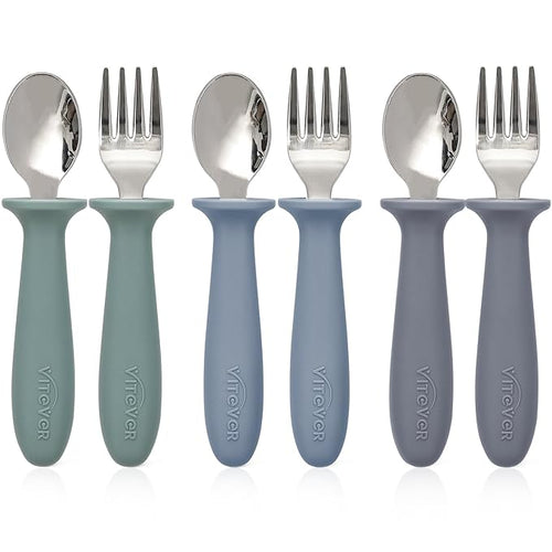 6 Pieces Toddler Utensils, Children Silverware Set with Silicone Handle, Kids Safe Spoons and Forks, Dishwasher Safe, 18/8 Stainless Steel, Food-grade Silicone，BPA Free - Tan