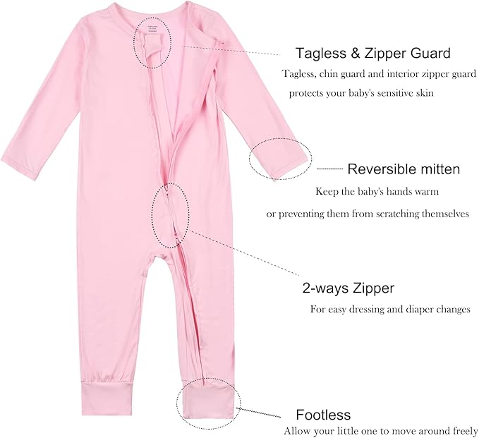 Aablexema Baby Footless Pajamas Zipper with Mitten, Rayon from Bamboo, Infant Long Sleeve Romper Pjs