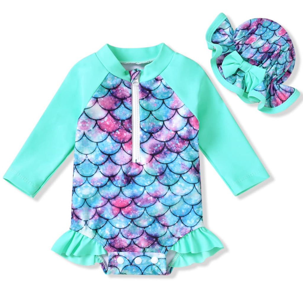 Newborn Infant Baby Girls One Piece Long Sleeve Swimsuit Mermaid Bathing Suit Zip Up Swimwear Beach Wear 0-3 Months Cyan