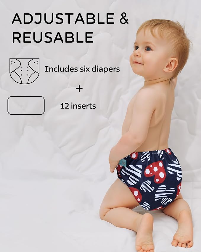 ALVA 6 Pack Cloth Diaper with 12 Inserts One Size Adjustable Washable Reusable Diaper Cover for Baby Girls and Boys