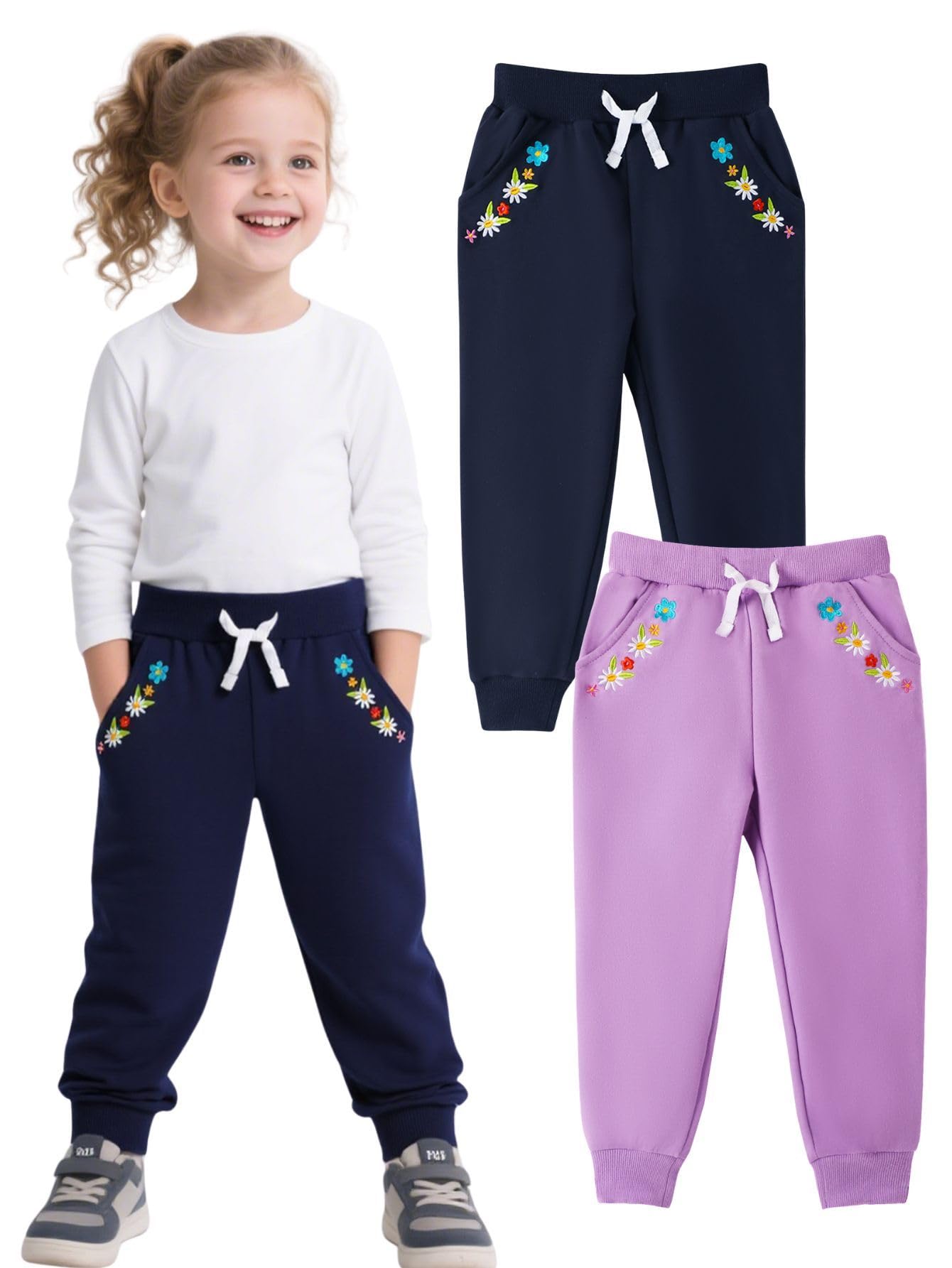 HILEELANG Baby Girls Cotton Joggers Sweatpants Floral Embroidery Drawstring Waist and Pockets-Purple Navy Blue Casual Athletic Pants for Kids 18M