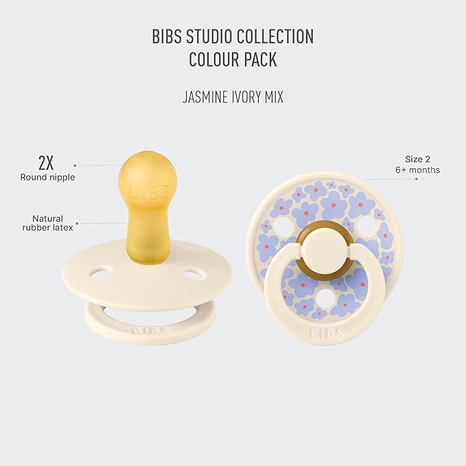 BIBS Pacifiers - Studio 2 Pack | Round Nipple Baby Pacifier | BPA Free Natural Rubber Latex Soother | Made in Denmark | Size 6+ Months | Jasmine Ivory