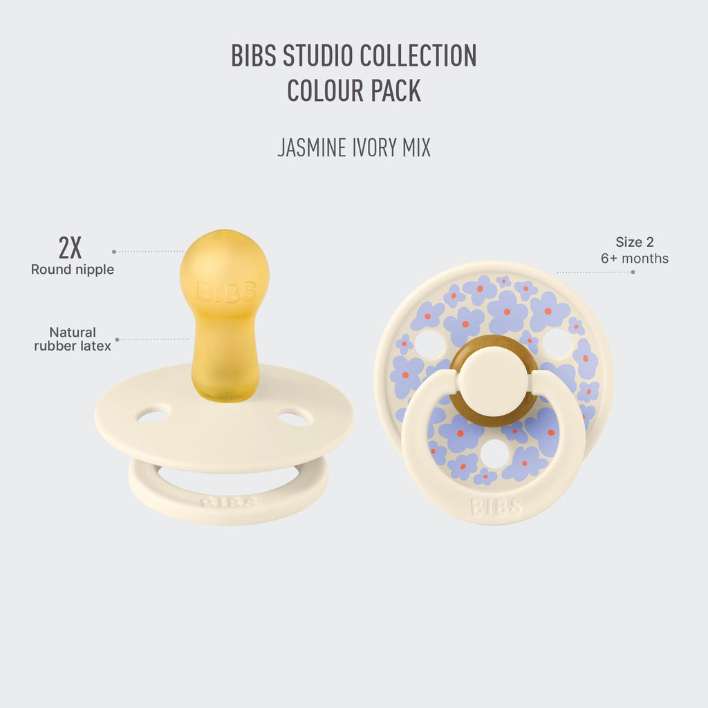 BIBS Colour Pacifier, 6-18 Months, 2-Pack, Round Nipple, Jasmine Ivory