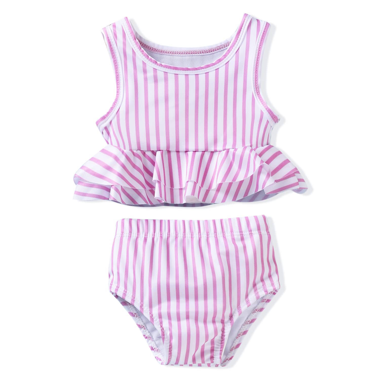 Aalizzwell Toddler Little Girls Swimsuit Two Piece Striped Ruffle Bathing Suit Bikini Tops Bottoms Swimming Suit Swimwear Beach Wear Pink 2T - 3T
