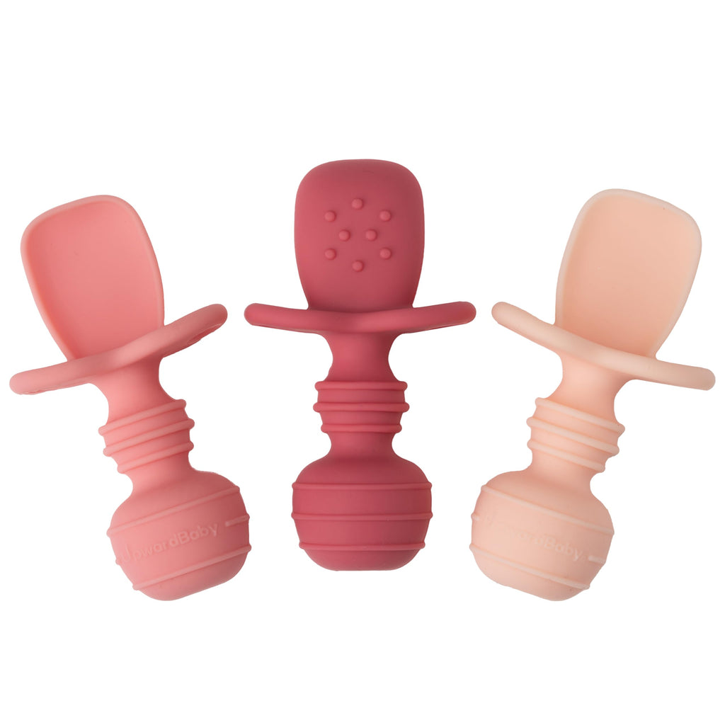 UpwardBaby Silicone Baby Spoons Self Feeding 6 Months - Feeding Essentials, Baby Led Weaning Supplies, BPA Free, Chewable Toddler Utensils with Anti Choke Barrier