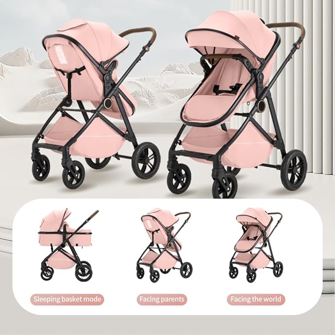 2 in 1 Baby Stroller, High Landscape Infant Stroller Pram Foldable Pushchair with Adjustable Canopy, Storage Basket,5-Point Harness,Mom Bags (Pink)