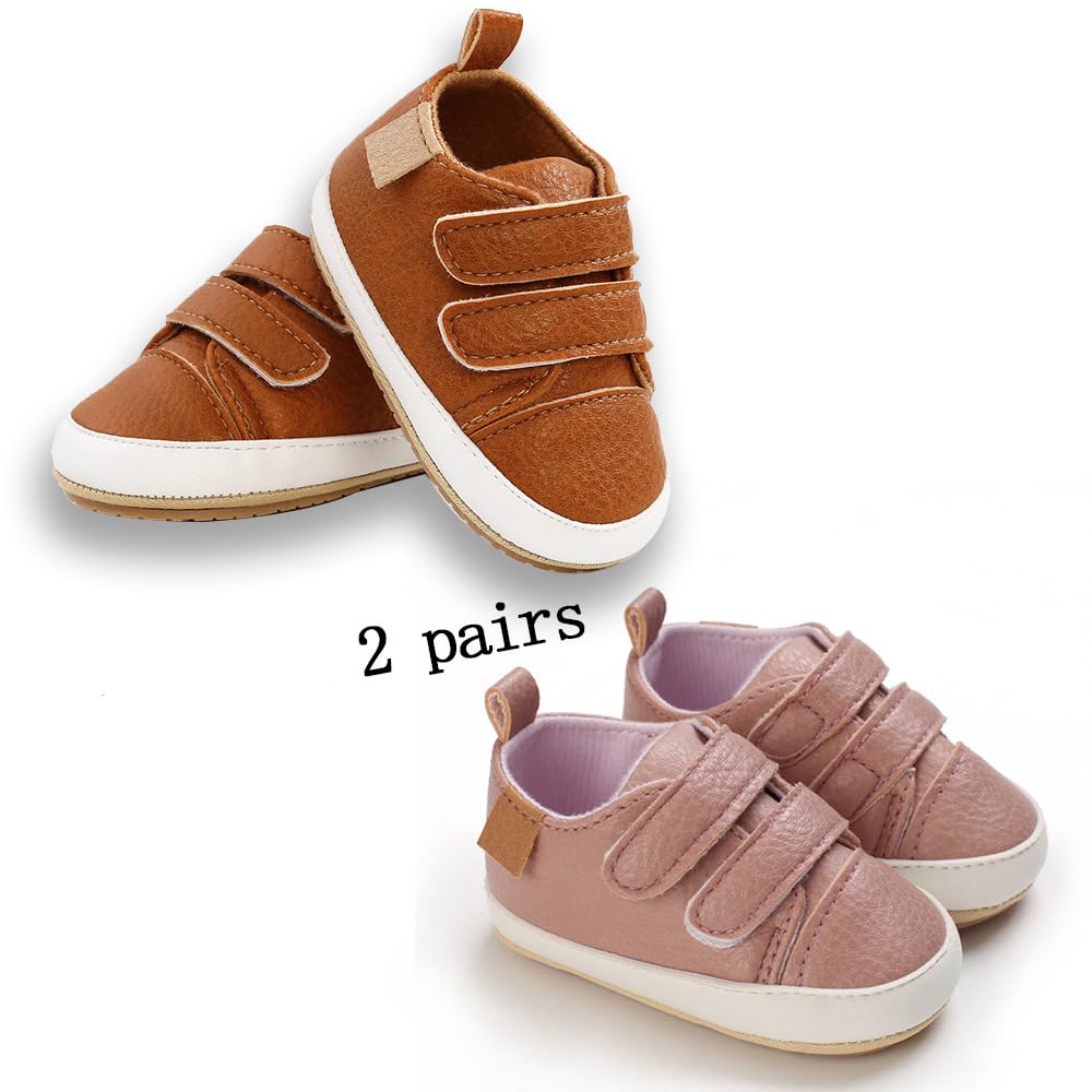 eitwo 2Pairs Baby Shoes,Boys Girls Non-Slip Rubber Sole Sneakers,Unisex Infant Soft Lightweight First Walking Crib Shoes (2Pairs_Brown+Pink,6-12 Months)