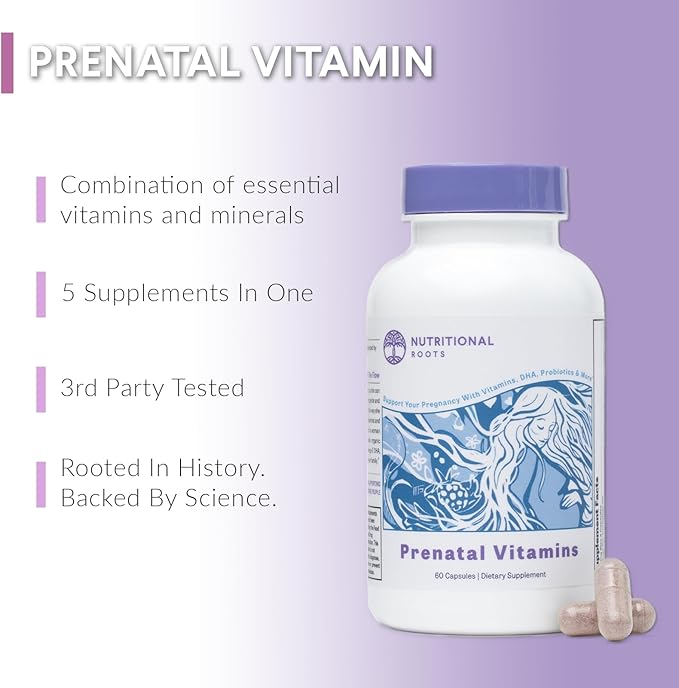 Nutritional Roots Prenatal Vitamins with DHA - Whole Food Vitamins with Folate, Probiotics and Regenerative Organic Ingredients, Without Iron, Without Iodine, Bump It Up, 30 Servings