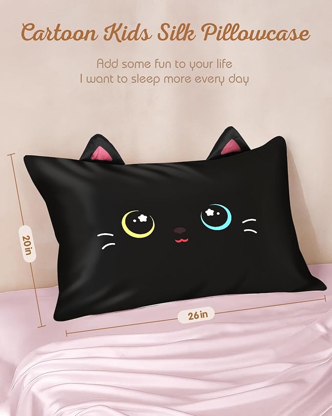Kids Pillowcases Standard Size 20"x26" - Cute Cartoon Soft Breathable Silk Pillow Cases for Hair and Skin with Hidden Zipper for Women Fun Kawaii Design for Bedding, Black Cat