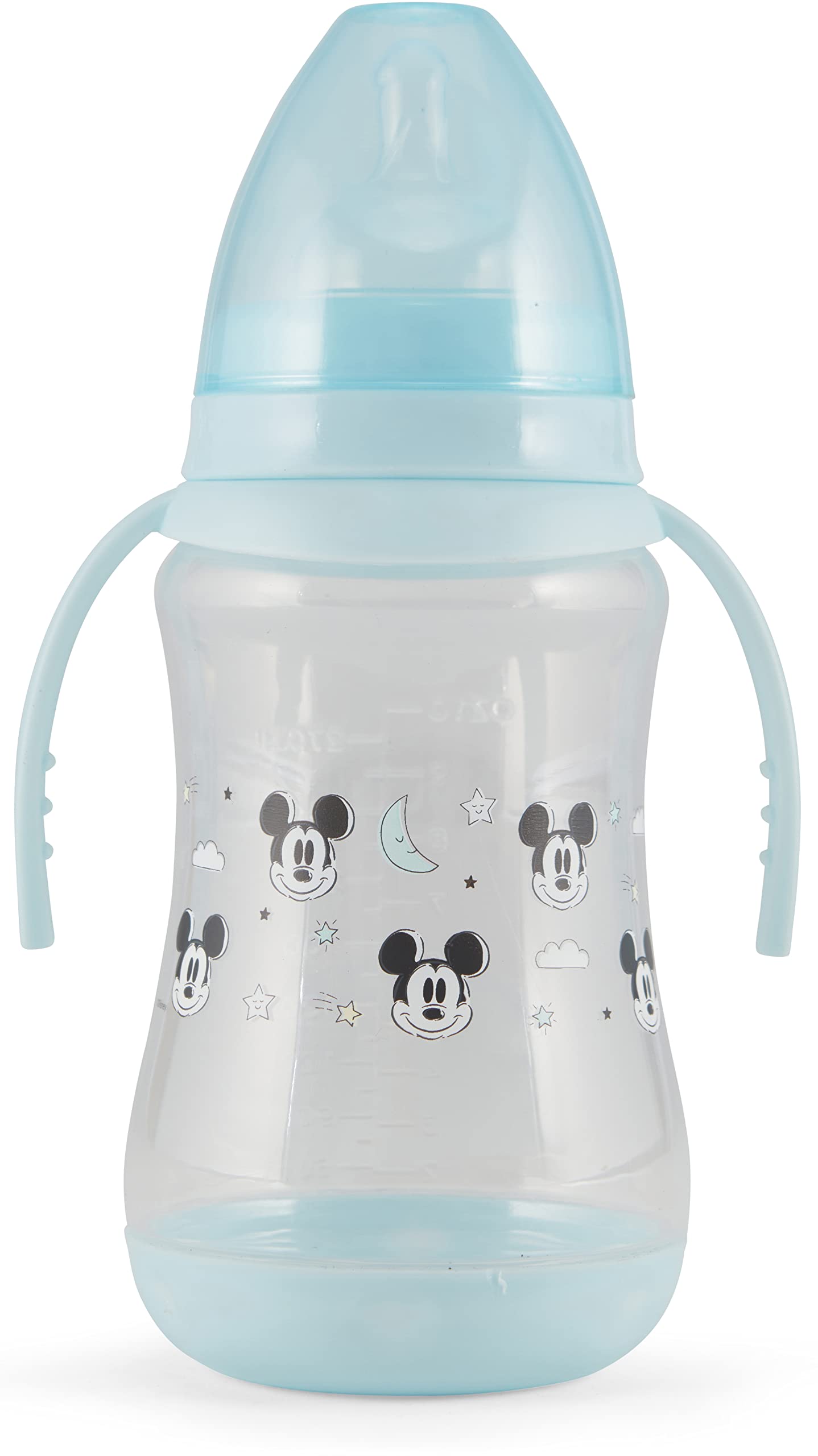 Disney 2 Pack 10 Ounce Baby Bottles with Character Prints and Colored Covers with Double Handle - BPA Free and Easy to Clean