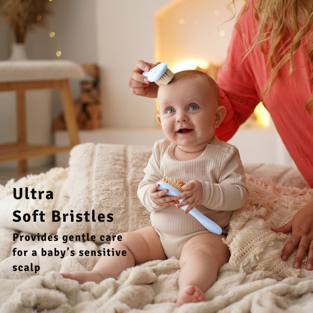 FUNFUSHKA Baby Hair Brush Set for Newborns - Baby Brush and Comb Set - Ultra Soft Goat Hair Bristles, Perfect for Cradle Cap, Newborn Showers & Registries Gift, Comb Brush for Girls & Boys (Sky)