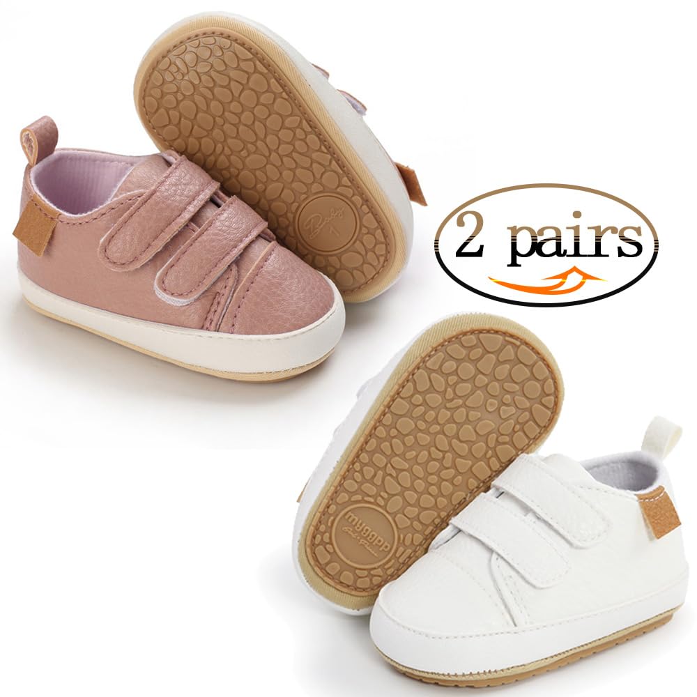eitwo 2Pairs Baby Shoes,Boys Girls Non-Slip Rubber Sole Sneakers,Unisex Infant Soft Lightweight First Walking Crib Shoes (2Pairs_White+Pink,3-6 Months)