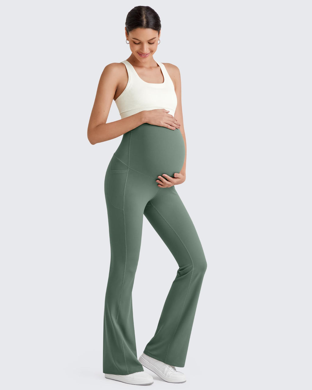 G4Free Maternity Leggings Pregnancy Workout Pants for Yoga,Gray Sage,S,Tall