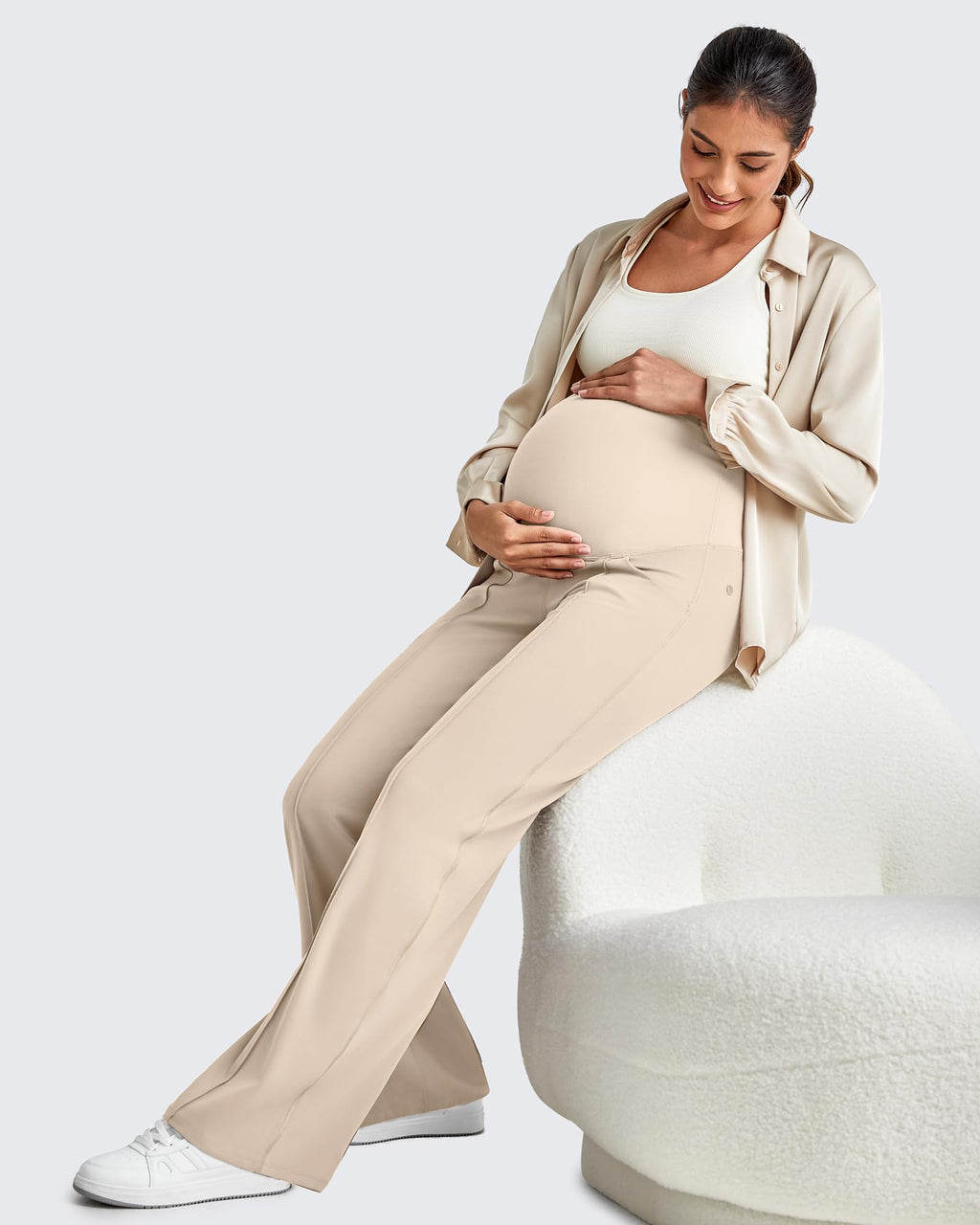 G4Free Maternity Work Pants Yoga Over the Belly,Light Khaki,S,Petite