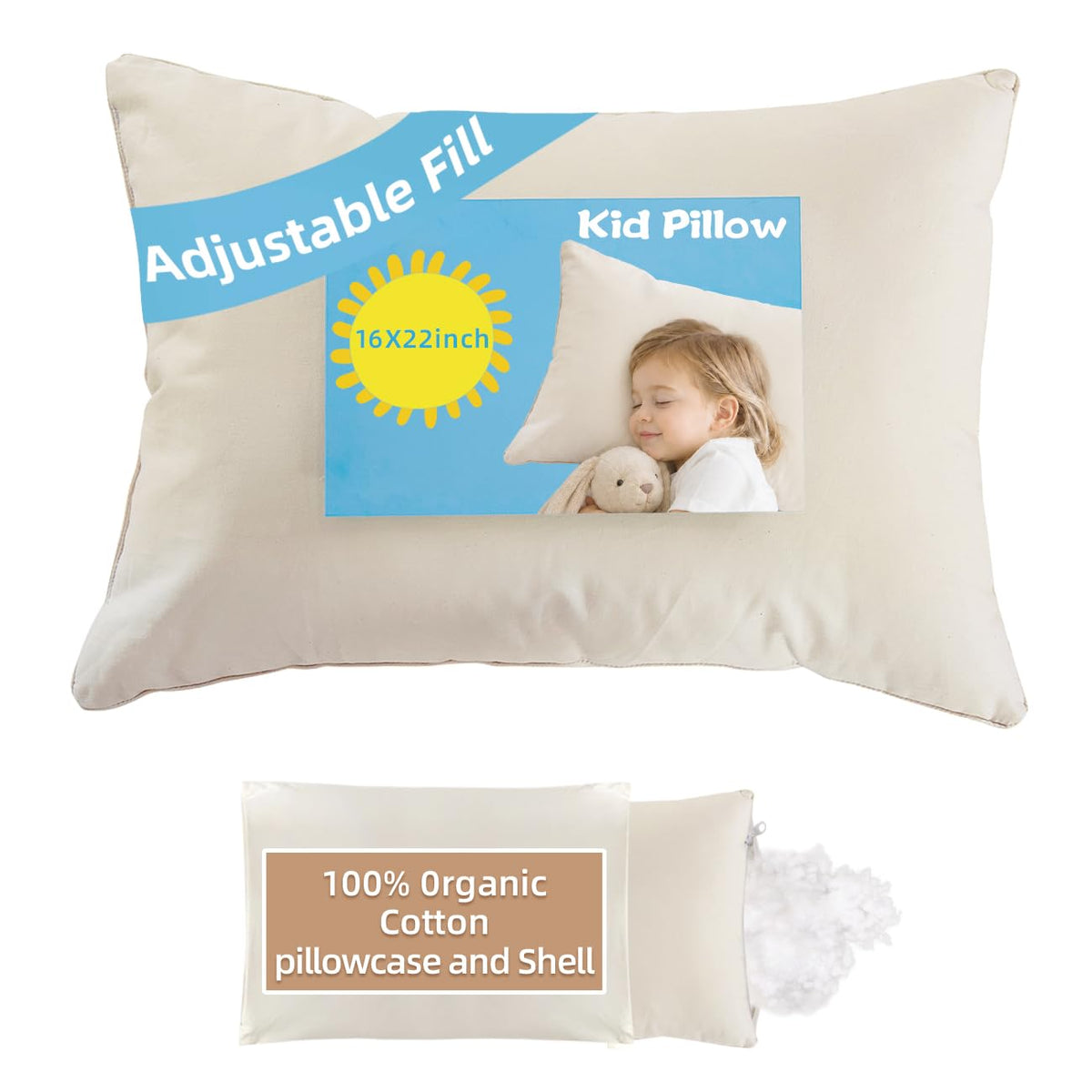 LOFE Adjustable Kids Pillow for Ages 4-12 with Organic Cotton Pillowcase