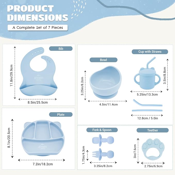 JEVASO Silicone Baby Feeding Set, Baby Led Weaning Supplies, Baby Self Feeding Essentials Suction Bowl Divided Plate Baby Bibs Spoons Forks Sippy Cup Teether, Toddler Eating Utensils for 6+ Months
