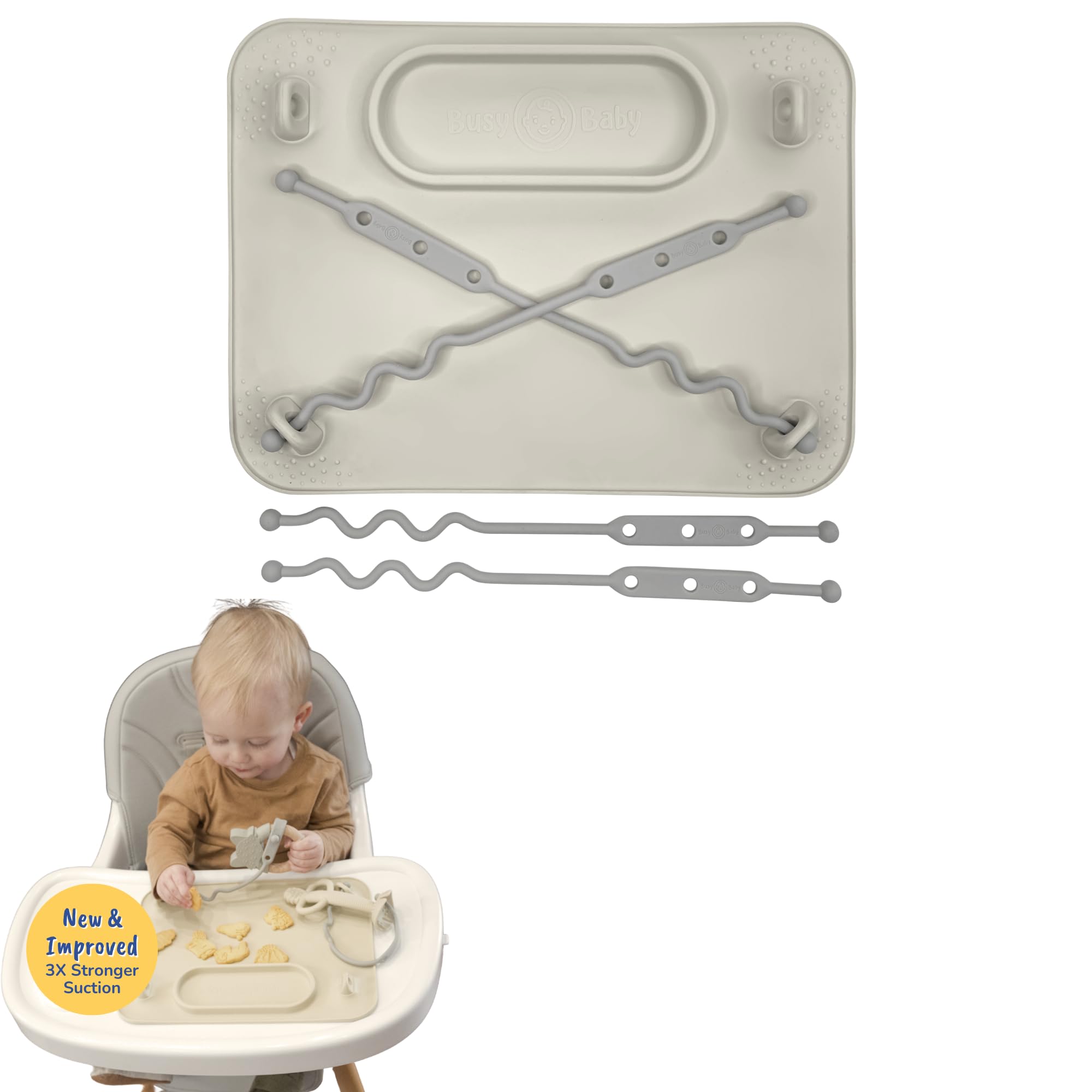 Busy Baby Silicone Mat NEW Suction Cups for Self Feeding with 4 Straps(Tan)