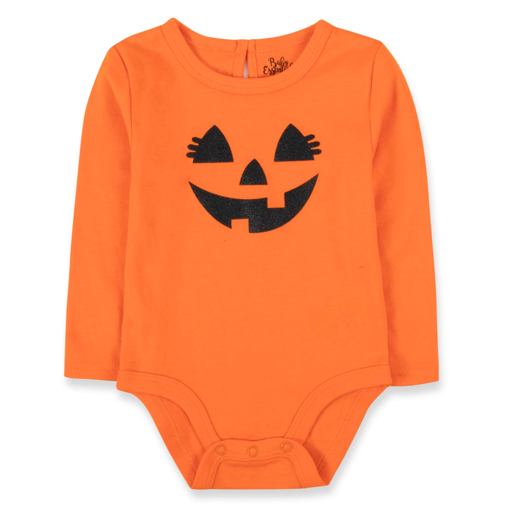 Baby Girl Halloween Outfit 4-Piece Pumpkin Set – Jack-O’-Lantern Bodysuit, Striped Pants, Tutu Skirt & Headband (9 months)