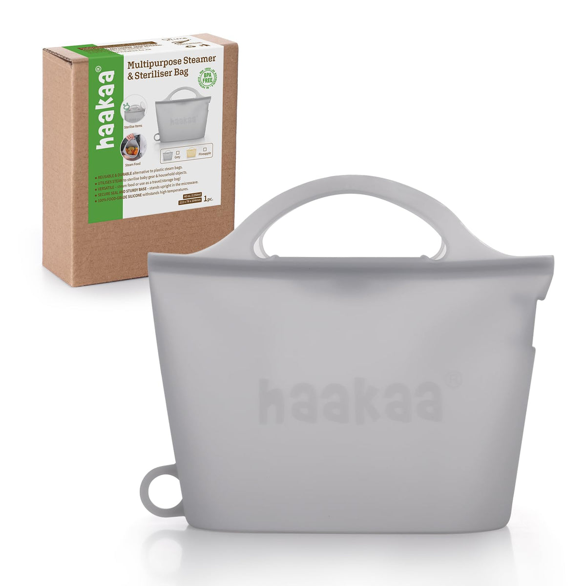 Haakaa Silicone Travel Microwave Steamer & Steriliser Bag, 30oz/900ml Reusable Silicone Steaming Bags for Baby Small Items, Pacifiers, Teethers or Baby Cups, Great for Home and On-The-Go, Grey/1PC